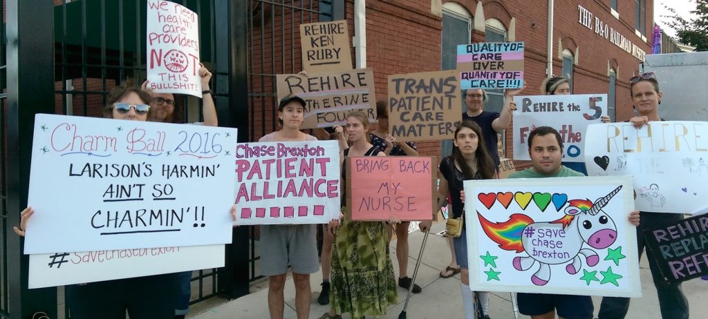 The peaceful protesters included several Chase Brexton patients, upset over the loss of their healthcare provider during a failed union-busting attempt by management.